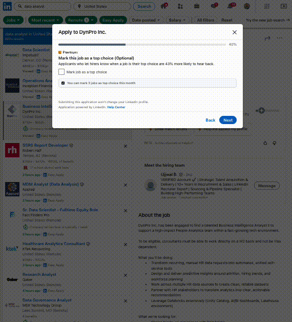 Animated Nexus demo showing an Easy Apply handoff on LinkedIn