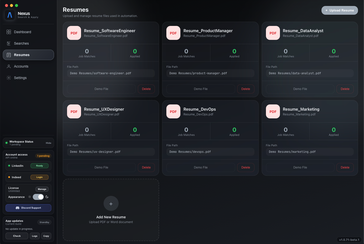 Nexus Resumes page with multiple uploaded resumes available for searches