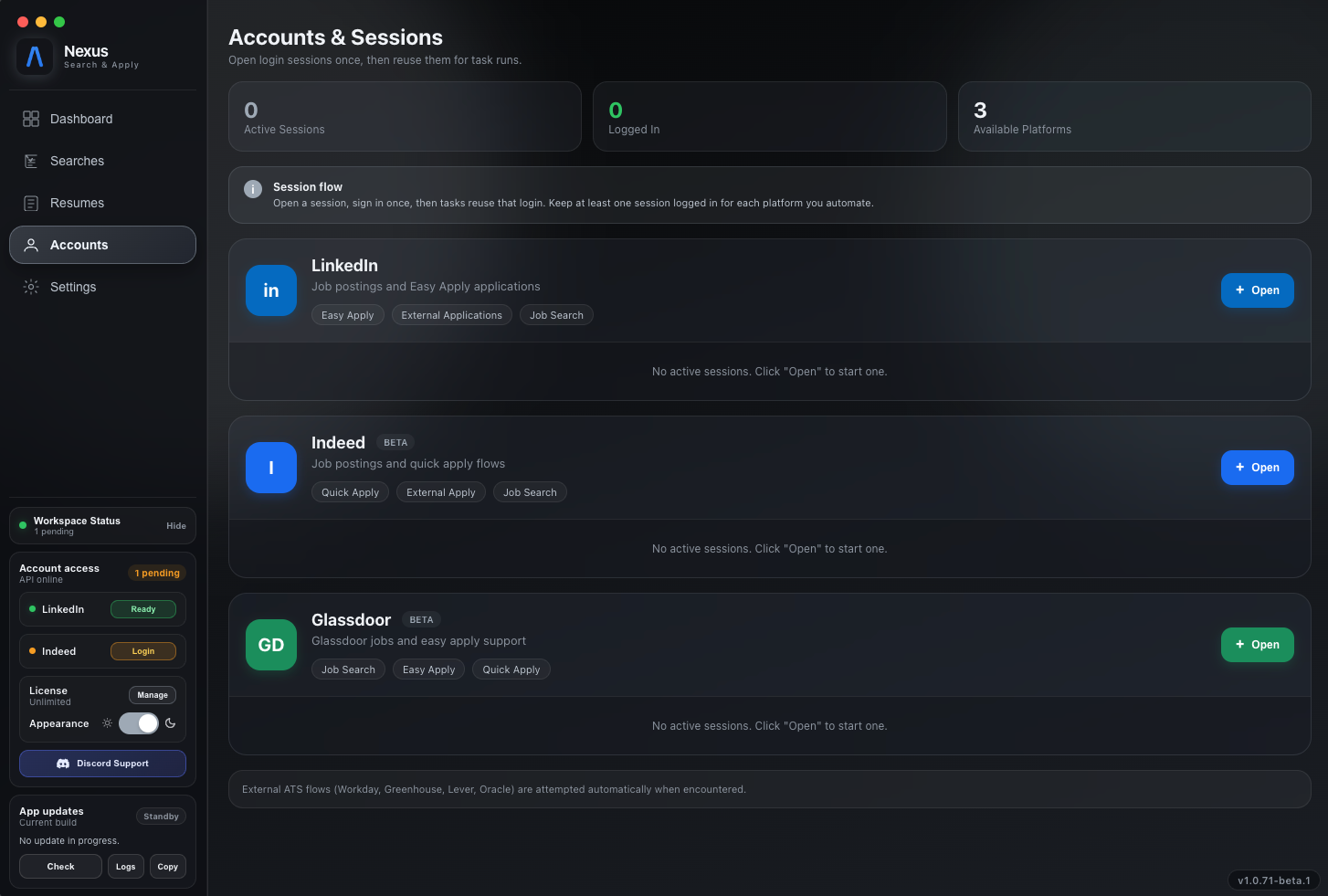 Nexus Accounts page showing job-site session controls