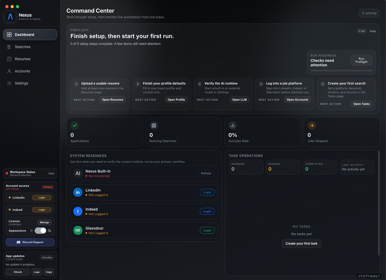 Nexus Command Center dashboard showing setup checklist, system readiness, and task operations