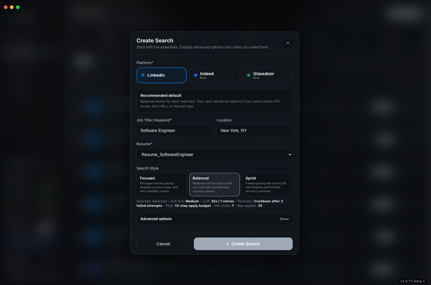 Nexus Create Search modal with platform, location, resume, and pacing options
