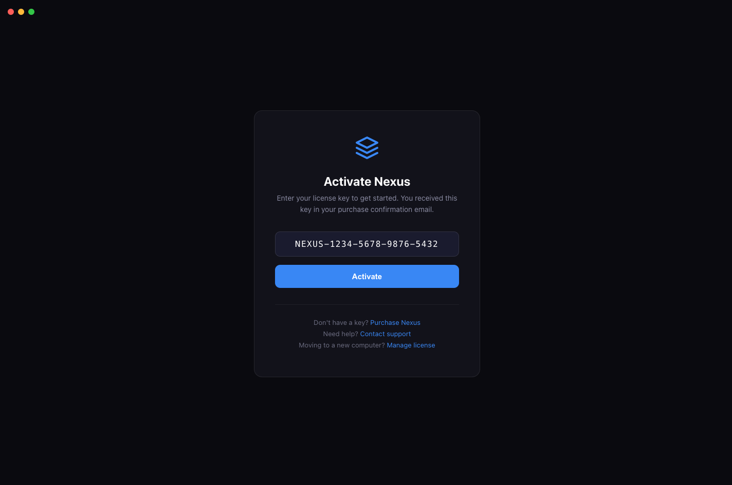 Nexus activation screen requesting a license key