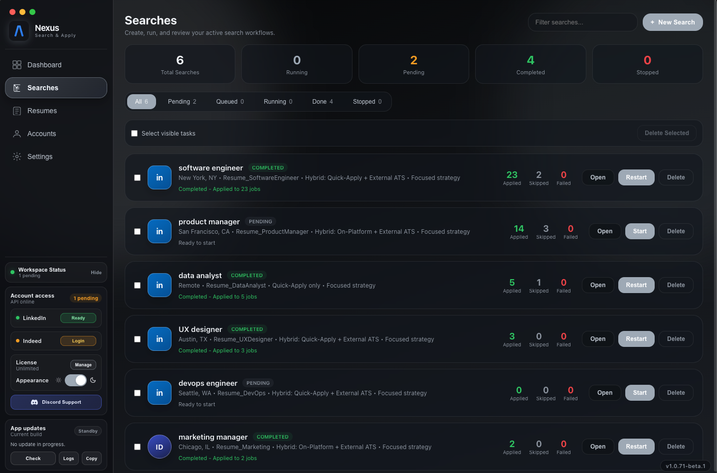 Nexus Searches page with active and completed search workflows